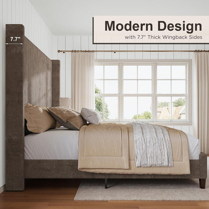 HOWE Upholstered Queen Bed Frame with 61" Tall Wingback Headboard, Chestnut