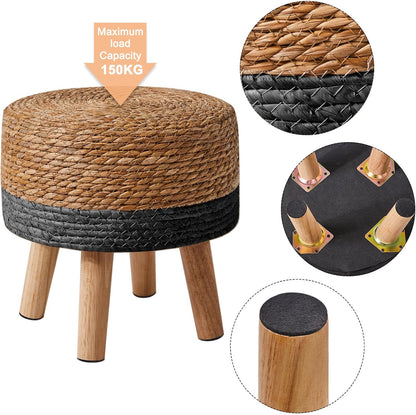 YMYNY Foot Stool, 12.6" Small Ottoman, Natural+Black,HBD027B | Natural Seagrass Hand Weave, Round Footrest, Non-Skid Wood Legs, Boho Style,for Living Room, Bedroom, Entryway