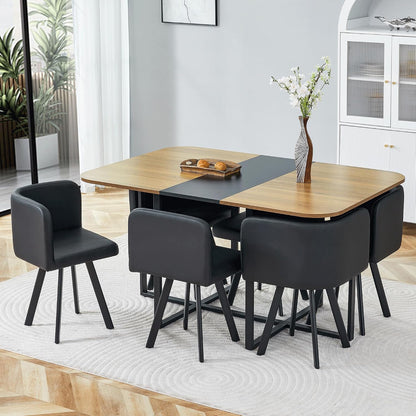 Dining Table Set for 6, 60" Faux Marble and Wood Kitchen Table with 6 PU Leather Chairs,Modern Retangular Dining Table Set for Kitchen,Living Room (Black, Wood+Black Table Set)