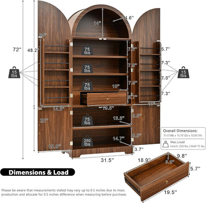 72" Tall Arched Kitchen Pantry Cabinet with Fluted Doors & 8 Shelves, Brown | Storage Cabinet with 3 Adjustable Shelves & Hidden Drawer, Versatile for Kitchen, Dining Room, Bathroom, Office