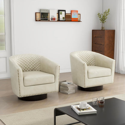 Swivel Barrel Accent Chair Set of 2, Comfy Modern Upholstered Round Faux Leather Arm Chair for Living Room, Bedroom -Beige
