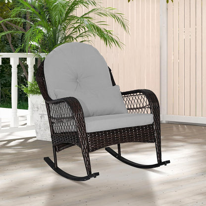 Tangkula Outdoor Wicker Rocking Chair, Patio Rattan Rocker with Seat Back Cushions & Waist Pillow, Sturdy Metal Frame, Mix Brown Outdoor Rocker for Balcony, Porch, Backyard