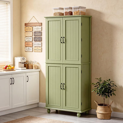 Scurrty Kitchen Pantry Cabinet, 69'' Pantry Storage Cabinet with 4 Doors and Shelves, Farmhouse Kitchen Cabinet with 3 Drawers, Freestanding Wooden Cupboard for Living Room and Dinning Room (Green)