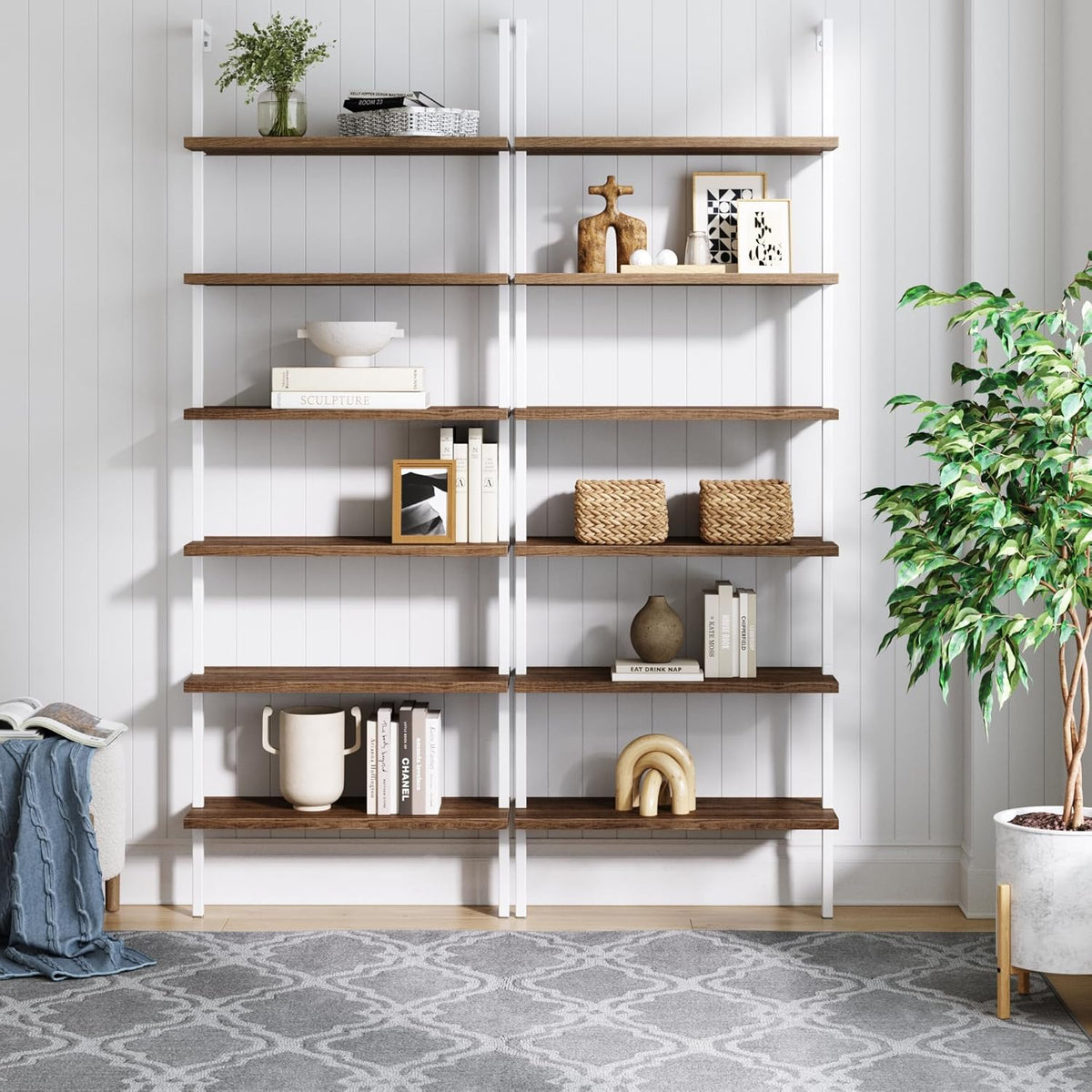 Nathan James Theo 6-Shelf Tall Bookcase, Wall Mount Bookshelf with Natural Wood Finish and Industrial Metal Frame, Rustic Oak/White, Set of 2