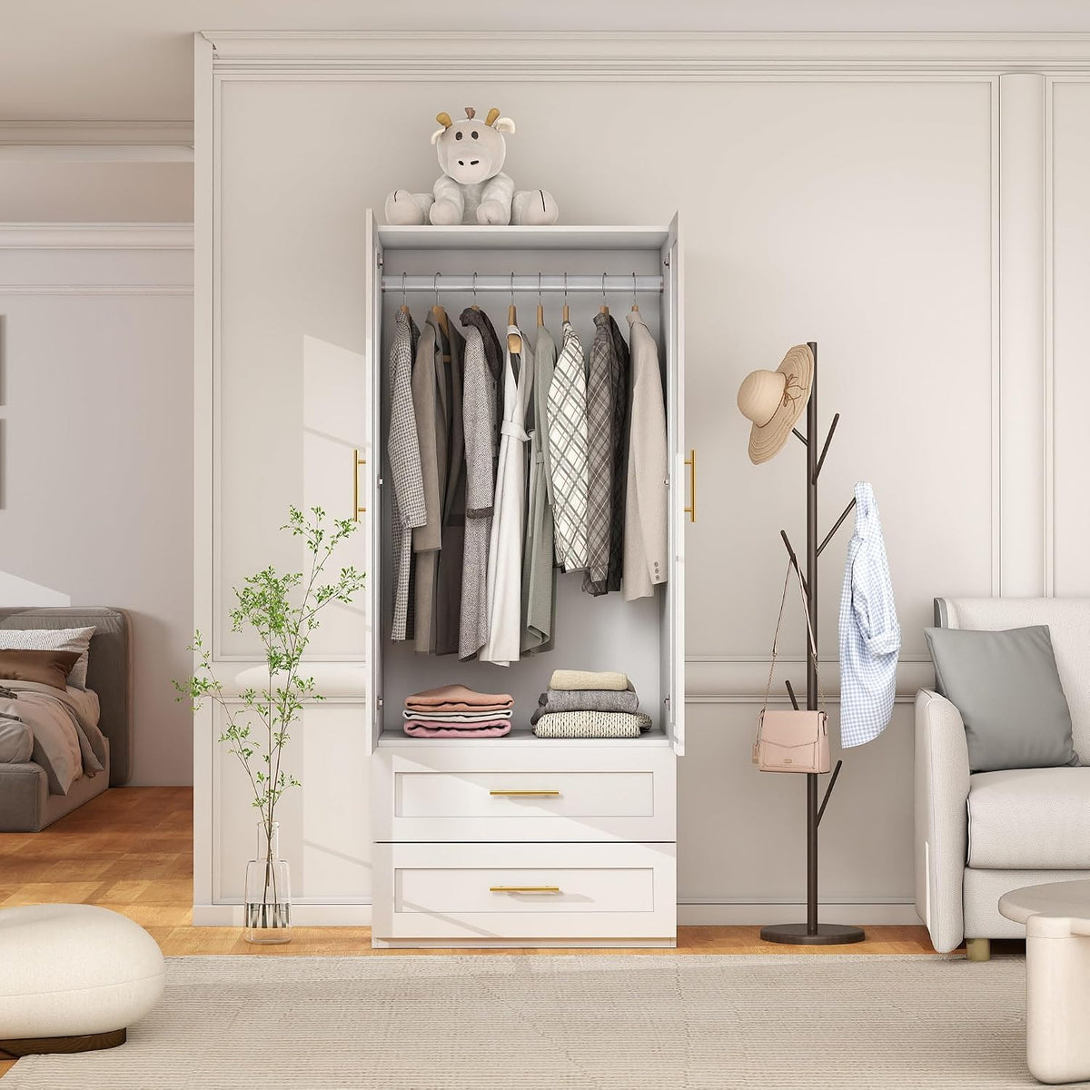 White Wardrobe with 2 Doors: 75" Tall Armoire Wardrobe Closet with 2 Drawers, Bedroom Closet Cabinet for Hanging Clothes, Wooden Storage Armoire with Shelves (Contemporary, 1)