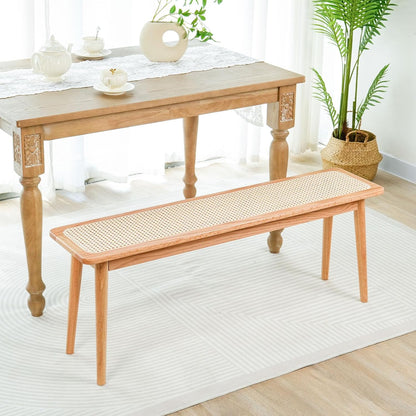 Entryway Bench, Solid Wood Kitchen Dining Bench, Mid Century Modern End of Bed Bench with Rattan Woven Top for Bedroom, Dining Room, Entry Way, 39.37" L x 11.2" W x 17.7" H, Natural