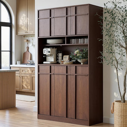72" Pantry Cabinet, Tall Kitchen Pantry Storage Cabinet with Countertop, Adjustable Shelves, Mid Century Modern Wooden Kitchen Hutch with Skeleton Lines for Living Room, Dining Room, Walnut