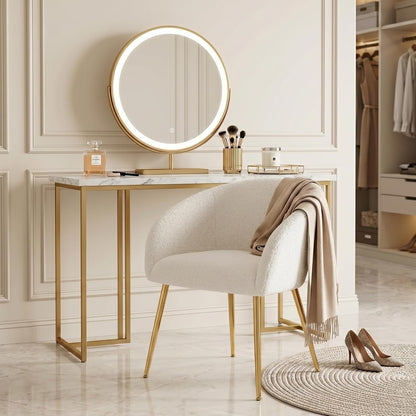 Modern Vanity Chair, Living Room Chair with Metal Legs,Teddy Fabric Dining Chair, Comfy Accent Chair for Makeup Room, Waiting Room, Dressing Room, Bedroom, Dining Room, Home Office (1, White)