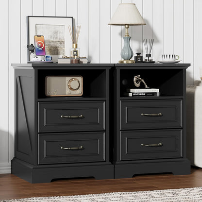 Nightstand with Charging Station,18" Wide End Table with 2 Large Drawers & Metal Handles,Rustic Farmhouse Wood Small Dresser,Bedside Table,Modern Chest of Drawers for Bedroom,Living Room,Black