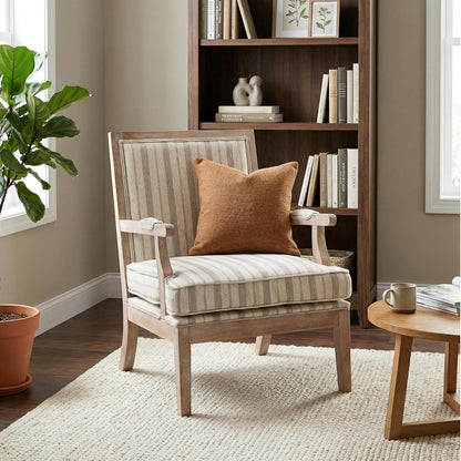 Modern Farmhouse Striped Accent Chair, Wide Upholstered Armchair with Armrest Pads, Coastal French Country Solid Wood Reading Chair for Living Room Bedroom Guest Room, Linen Fabric