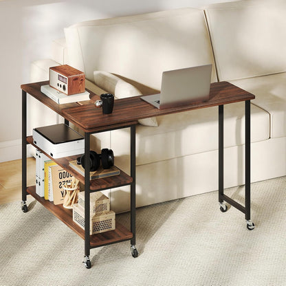 Giantex 360° Free Rotating Sofa Side Table, Patented Mobile End Table with 2-Tier Storage Shelves, 6 Universal Casters, Movable Laptop Tables for Snack, Couch, Walnut