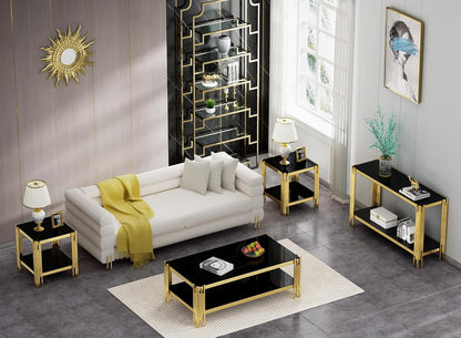 20” Square Glass End Table, 2-Tier Side Table with Black Tempered Glass Top Golden Mirrored Stainless Steel Legs, Modern Luxury Nightstand Bedside Table with Lower Shelf for Living Room