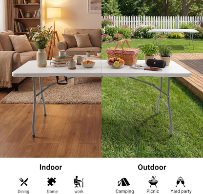 6ft Folding Table, Portable Heavy Duty Plastic Table for Party, White | Fold-in-half Design with Carry Handle,Easy Setup,Compact Storage. Supports 330 lbs for Indoor & Outdoor use,Camping, Picnic