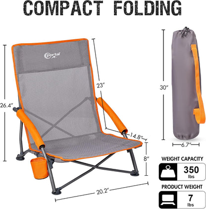 Portal Beach Chairs for Adults Camping Low Lightweight Portable Chair with Cup Holder Mesh Back Carry Bag for Outdoor Sand Lawn Travel Picnic Festival Concert