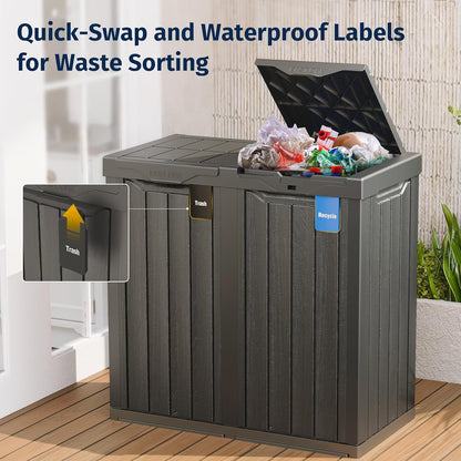 EAST OAK 62 Gallon Outdoor Trash Can | Waterproof Resin Garbage Can with Recycle and Garbage Labels | Secure Bag Lip Lock and Drip Tray | Outside Trash Bin for Patio | Kitchen, Backyard or Deck | Gray