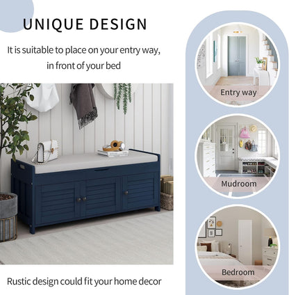 Storage Bench with 3 Shutter-Shaped Doors, Wood Shoe Bench with Removable Cushion and Hidden Storage Space for Entryway, Living Room, Hallway 43.5" L*16" W*18" H Antique Navy