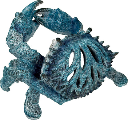 Crab Wine Bottle Holder, 8 Inch Turquoise Resin with Coral-Look Center | Raised Claws, Shell Ridges, Textured Legs, Distressed Whitewashed Finish, Open Center for Angled Display