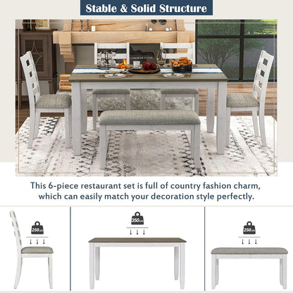 Harper & Bright Designs Rustic 6-Piece Dining Set with Table, 4 Upholstered Chairs & Bench | Farmhouse Kitchen Table Set for Dining Room (Brown + Whitewash)