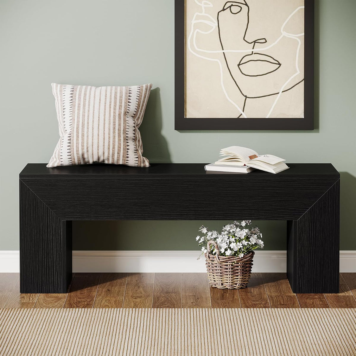 Tribesigns 47'' Wooden Entryway Bench, Farmhouse Entry Bench Seat, Indoor End of Bed Bench with Storage Capability for Living Room, Bedroom, Hallway, Easy Assembly, Black