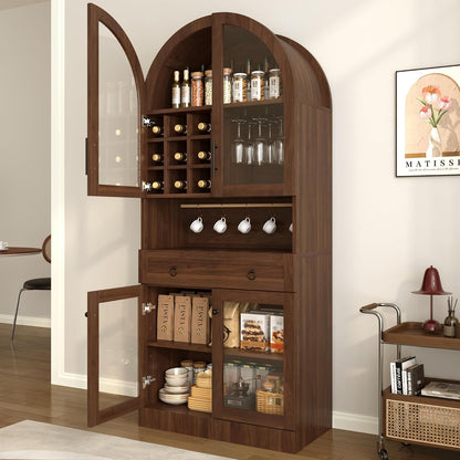 Merax 70" Tall Arched Farmhouse Pantry Cabinet with Glass Doors, Walnut | Mid-Century Kitchen Storage Cupboard with 9 Wine Racks, Adjustable Shelf, and Large Drawer for Coffee Bar, Liquor Storage
