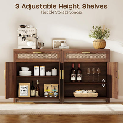 Rattan Buffet Cabinet with Storage, Sideboard Cabinet with Doors and Shelves, Accent Coffee Bar with Drawers, Farmhouse Kitchen Storage Cabinets, credenza for Entryway, Living Room Walnut