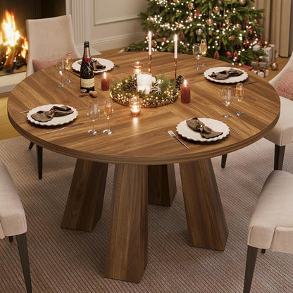 IDEALHOUSE 47" Round Dining Table for 4-6, Wood Kitchen Table with Sturdy Base, Farmhouse Circle Dinner Table for Dining Room, Living Room, 4 Strong Legs, Walnut