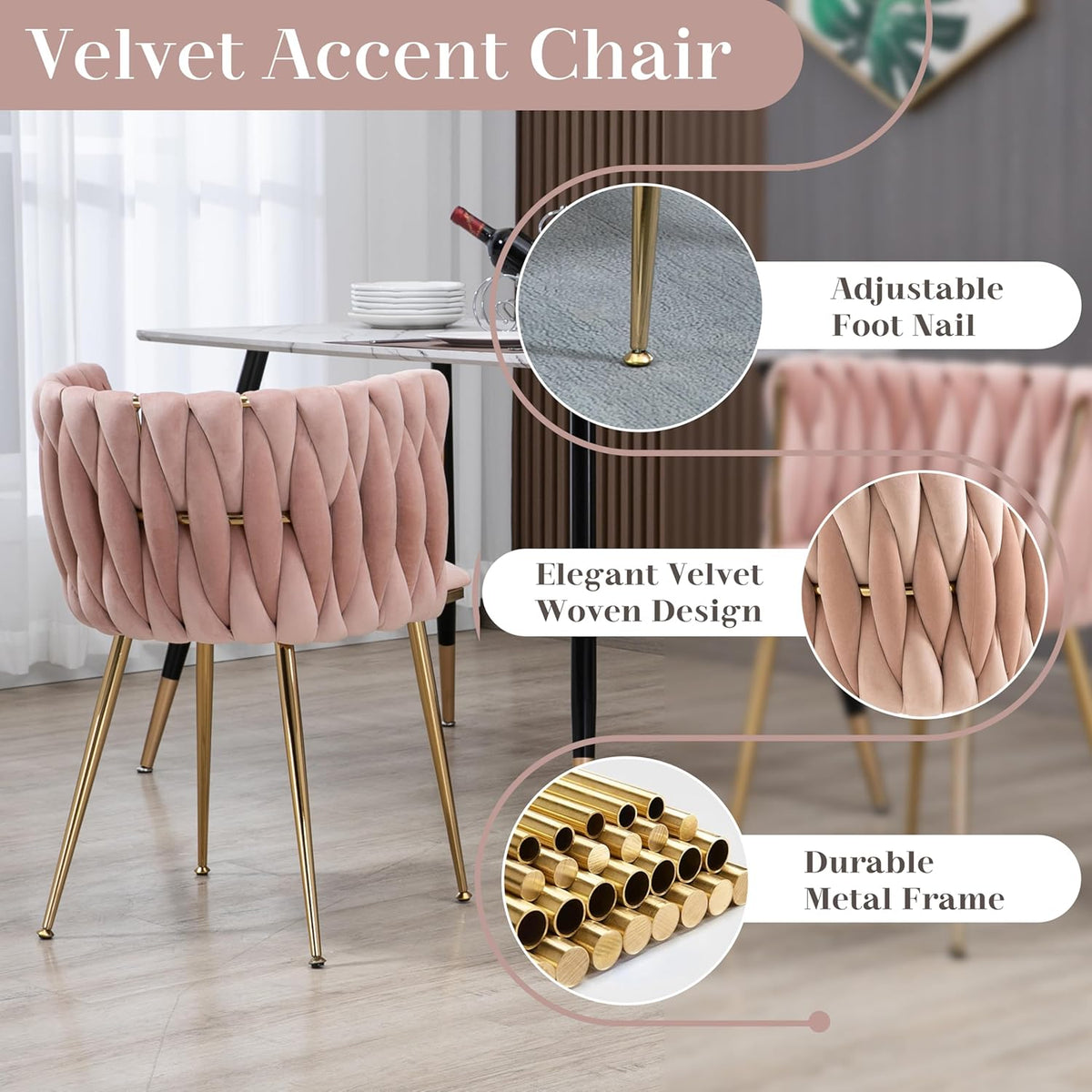 7 Piece Modern Gold Dining Room Set, 63'' Luxury Minimalist Kitchen Table Set, 6 Person Clear Glass Top Rectangle Dinner Set with Pink Woven Dining Chair for Home Large Living Room