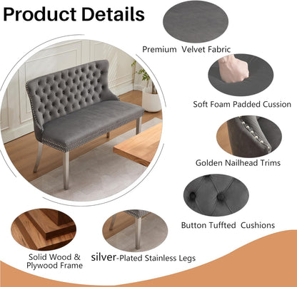 Upholstered Dining Bench with Back Tufted Settee Benches Small Loveseat Sofa Couch for Small Spaces,Entryway,Banquettee Seating Sofa Benches with Backrest (Grey+Silver Legs, Dining Bench)