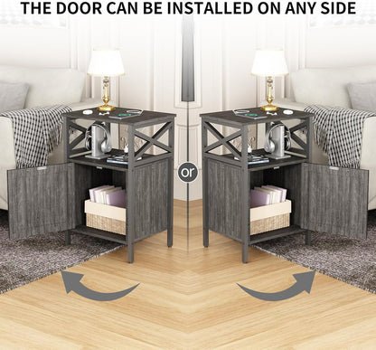 End Table Set of 2 with Charging Station, Side Table with Power Outlet & USB Ports, Nightstand with 2 Tiers Storage Space and Storage Cabinet, Sofa Side Tables for Bedroom, Living Room,Office, Grey