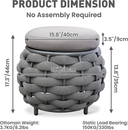 Round Patio Ottoman: Woven Textilene Rope Footstool with φ15.8'' Cushion, Aluminum Frame Footrest, All-Weather Foot Rest for Balcony Garden Deck Outdoor, No Assembly, Dark Gray