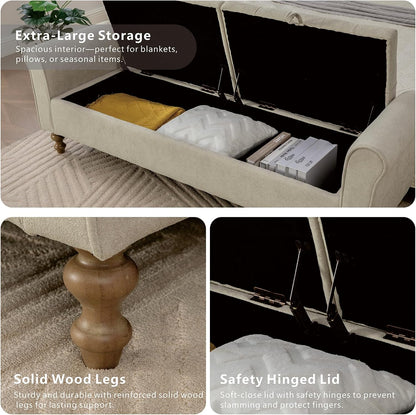 Storage Bench for Bedroom, 65.2'' Tufted End of Bed King Size Upholstered Extra-Long Bench with Dual Flip-Top Lids for Entryway, Hallway, Cloakroom, Window, Griege.