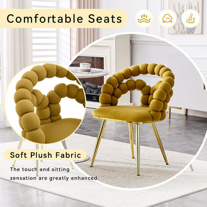TesNus Velvet Dining Chairs Set of 2, Mustard Yellow Upholstered Velvet Chairs with Gold Metal Legs, Modern Armchairs with Curved Backrest for Dining Room, Living Room, or Makeup Vanity