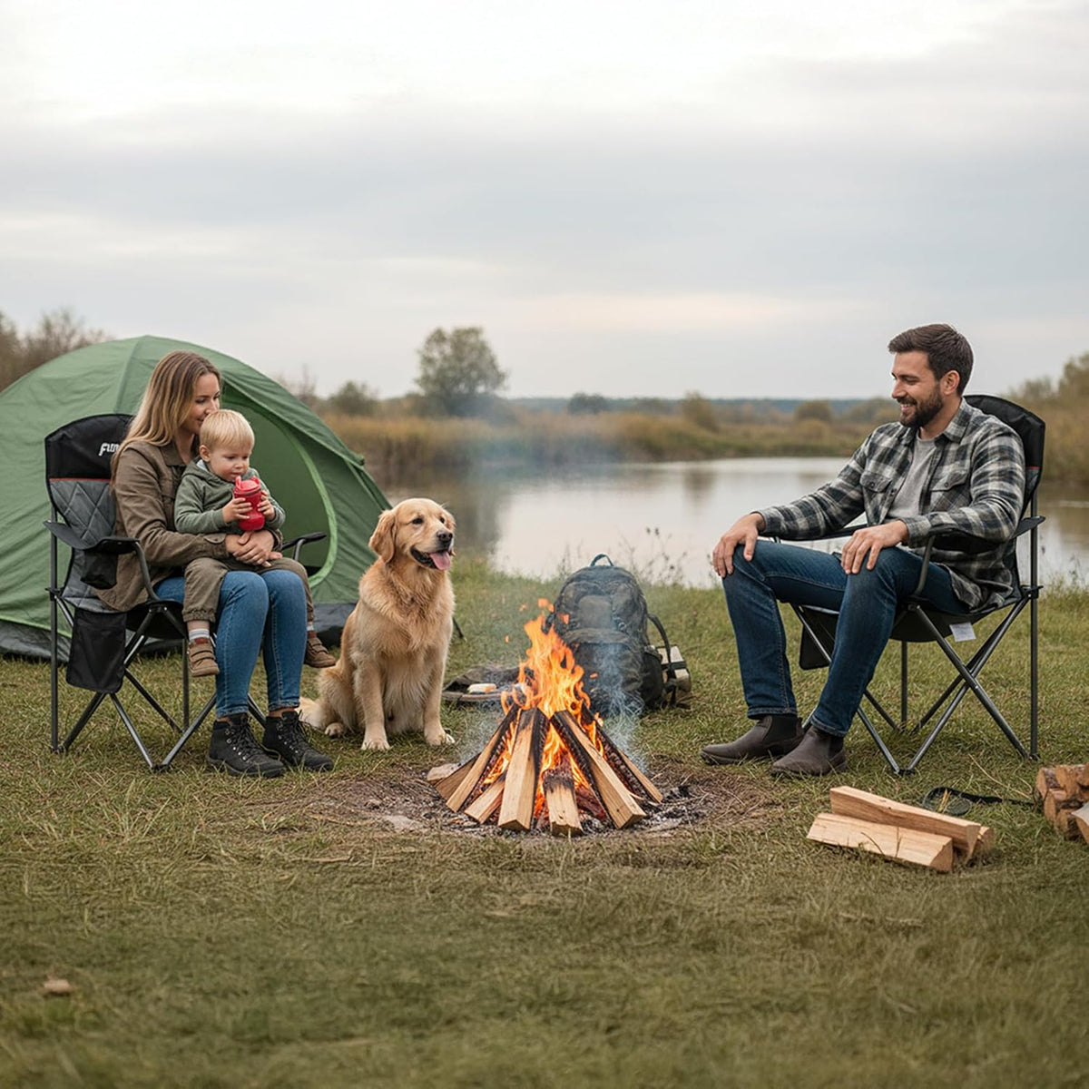 Padded Camping Chair with Sturdy Armrests, Heavy Duty Folding Chair for Adults Supports 350lbs, Portable Outdoor Chair with Reinforced Carry Bag for Camping, Fishing, Lawn & Sports