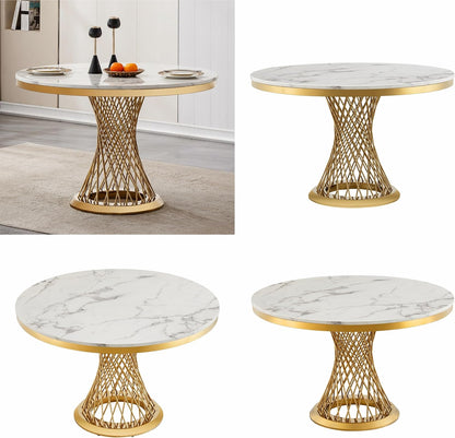 GlyphForm 47" Round Faux Marble Dining Table for 4 to 6, Luxury Modern White Kitchen Table with Gold Stainless Steel Spiral Base Frame, easy to clean Heavy Duty Dining Room Table for Home Office, MDF