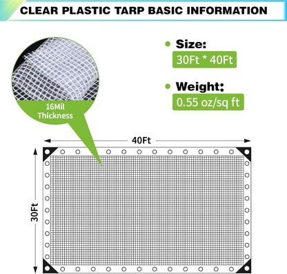 30Ft x40Ft Clear Greenhouse Plastic Covering, 16Mil Thickness Heavy Duty Clear tarp for Chicken coop, Greenhouse Plastic sheeting with Hemmed Edges & preinstalled Grommets.