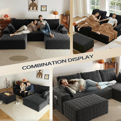 108" U-Shape Modular Sectional Cloud Couch with Ottoman, Deep Seat Couch with Oversized Chaise Lounge, Comfy Flannel Fabric Sofa for Living Room Bedroom Apartment Game Room Basement