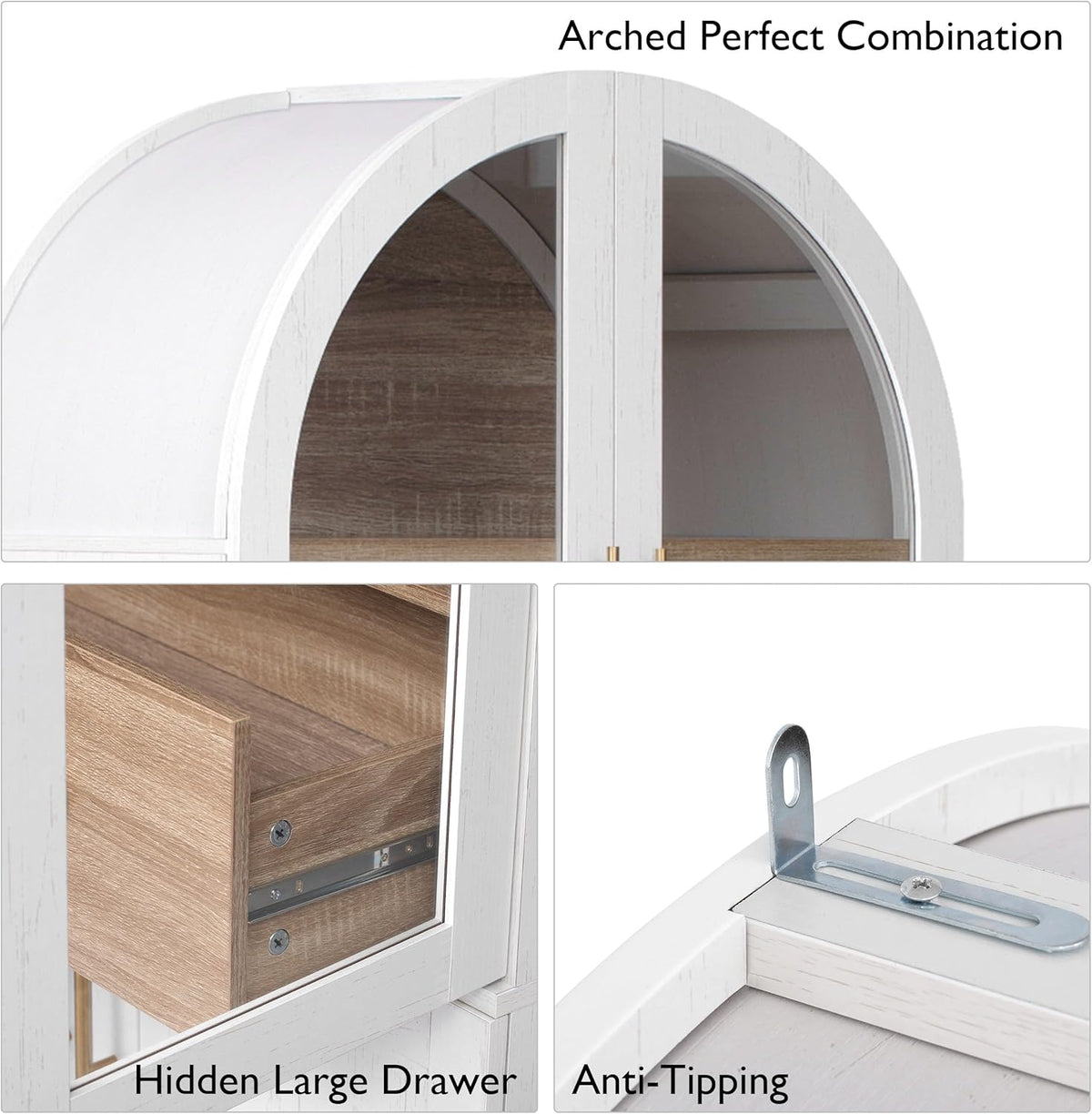 71" Tall Arched Farmhouse Pantry Cabinet with Adjustable Shelves & Glass Door, Spacious Storage Cabinet with Hidden Drawer & Door Racks for Kitchen, Dining Room, Living Room(White)