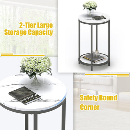 WiberWi Round Side Table Set of 2, Modern Nightstand End Table with Metal Frame &Faux Marble Top, Accent Bedside Table for Living Room Bedroom Small Spaces with Storage Open Shelf,White