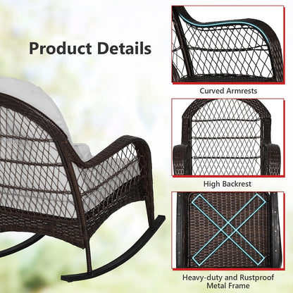 Tangkula Outdoor Wicker Rocking Chair, Patio Rattan Rocker with Seat Back Cushions & Waist Pillow, Sturdy Metal Frame, Mix Brown Outdoor Rocker for Balcony, Porch, Backyard
