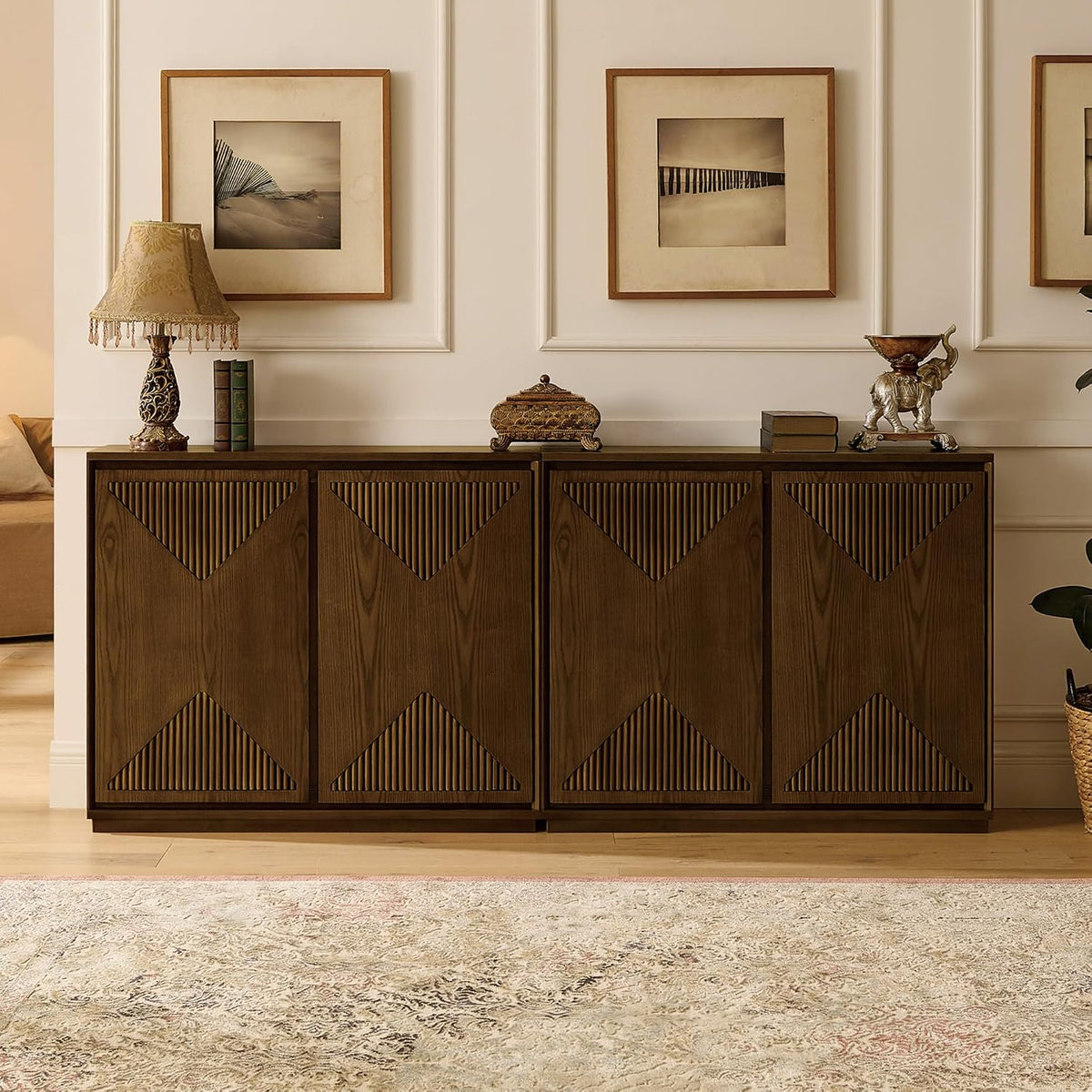 LKTART Mid Century Modern Sideboard Buffet Storage Cabinet with Doors and Shelves,Wood Coffee Bar Storage Cabinets for Kitchen, Dining Room, Living Room-Brown Walnut