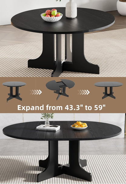 Henf 5 Piece Round Extendable Dining Table Set for 4, 43"-59" Wood Oval Expanding Kitchen Table with 4 Chairs, Space Saving Extendable Dining Room Tables with Pedestal Base (Black & Gray)