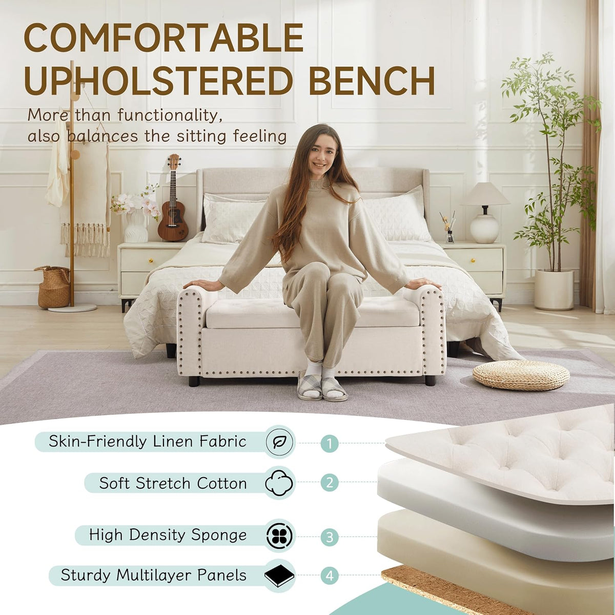 Ottoman with Storage, Tufted Storage Bench for Bedroom, 48" Fabrics End of Bed Bench, Upholstered Entryway Shoe Benches with Rolled Arm & Inner Zipper, Window Ottomans Chest with Rivets, Beige