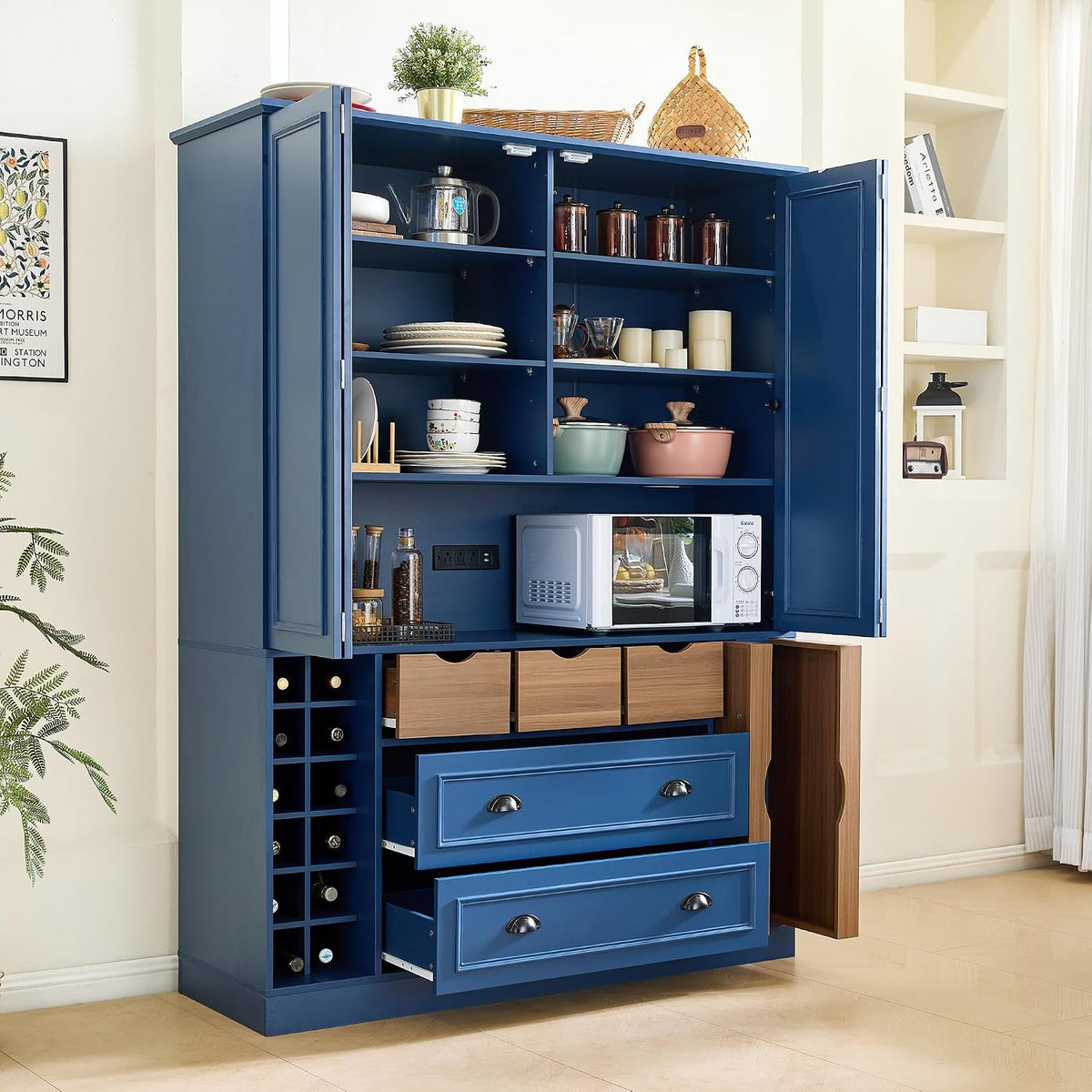 Virubi Farmhouse 71" Kitchen Pantry Cabinet with Power Outlet & USB Ports, 53.2" L Deep Storage, 4 Adjustable Shelves, 12 Wine Racks, 5 Drawers & Serving Trays, Foldable Doors, Anti-Tip Design (Blue)