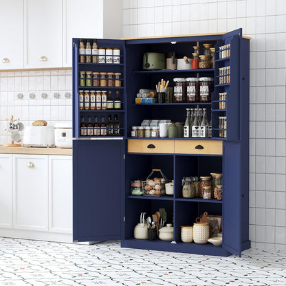 71.3'' Tall Wood Kitchen Pantry, Farmhouse Food Pantry Cabinet with 8 Door Shelves / 2 Drawers, Freestanding Large Cupboard with Adjustable Shelves for Kitchen Dining Room, Blue