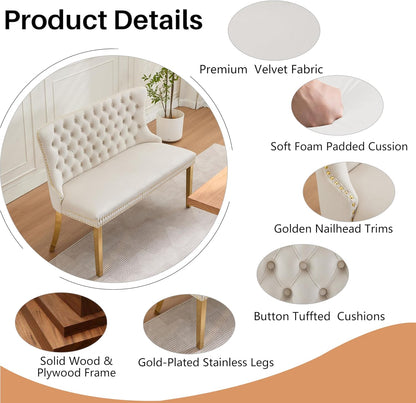 Upholstered Dining Bench with Back Button Tufted Settee Benches Small Loveseat Sofa Couch for Small Spaces,Entryway,Kitchen Banquettee Seating Sofa Benches with Backrest (Beige, Dining Bench)