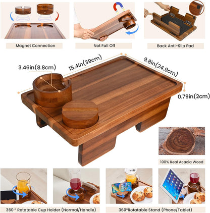 GEHE Real Acacia Wood Couch Armrest Table, 15.4"x9.8" Couch Arm Tray Table, 3 in 1 Removable Sofa Cup Holder wtih 360° Rotated Phone Holder, Clip on Armrest Tray for Drinks, Snacks, Phone, Control