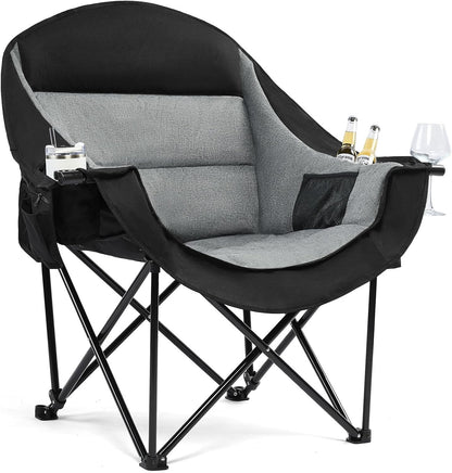 Oversized Camping Chairs for Adults - Heavy Duty Padded Outdoor Folding Lawn XL Camp Chair with Cup Holder Cooler Pockets for Outside Sports Beach Fishing Garden Portable Supports 500lbs, Black