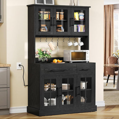 DWVO Kitchen Pantry Storage Cabinet with Microwave Stand, 71'' Tall Kitchen Hutch Cabinets with Power Outlet, Modern Food Pantry Hutch with Drawers ＆ Shelves for Home, Pack of 1, Black | 71" Tall Kitchen Hutch Cabinets with Power Outlet, Modern Food