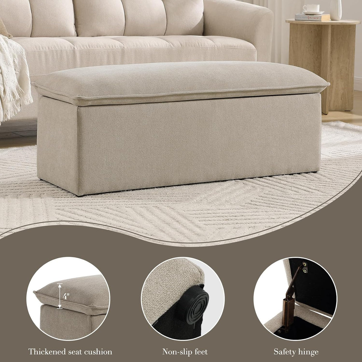 CIMOTA Storage Ottoman Bench, Upholstered End of Bed Storage Bench with Safety Hinge, Large Storage Chest with Seating, Modern Entryway Bench for Bedroom, Living Room, Chenille Oatmeal