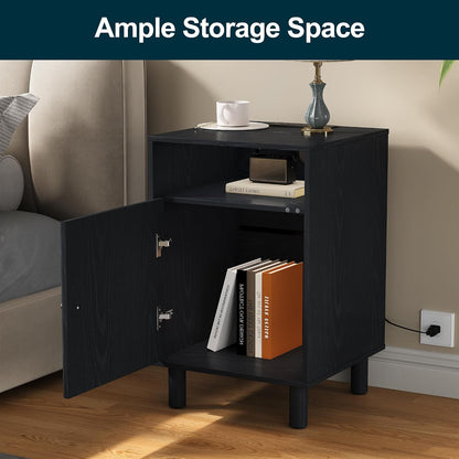 RoyalCraft Black Nightstand with Charging Station, End Table with Storage | Mid-Century Modern End Table for Living Room, Side Table with Solid Wood Legs, Bedside Table for Bedroom, Entryway